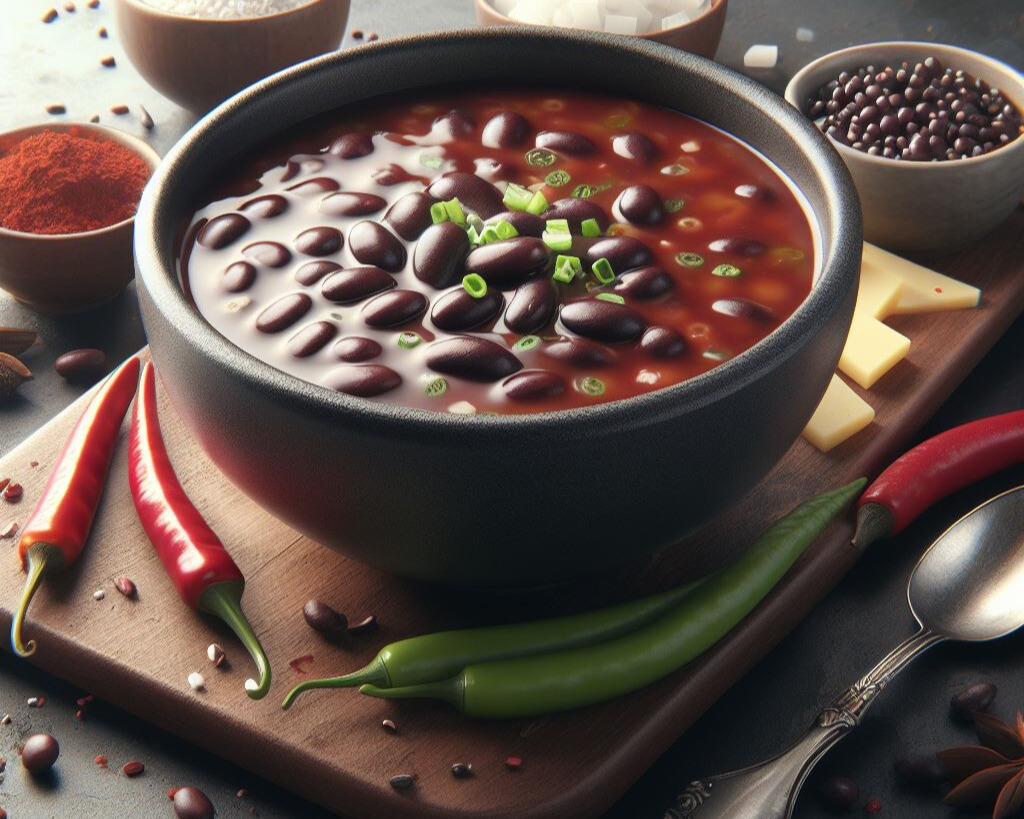 Bowl of Sopa Negra with various spices beside it