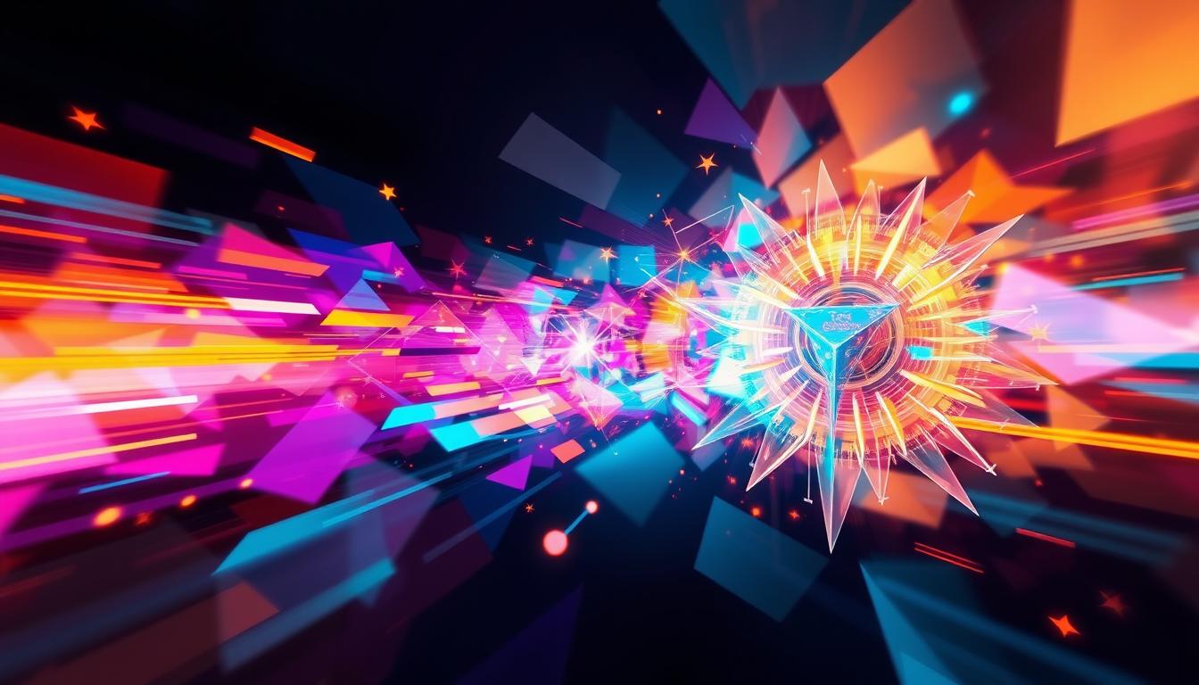 An abstract representation of the "369 manifestation method," featuring vibrant colors and geometric shapes in motion. Think about the energy of the technique and how it can be visualized through dynamic patterns and movement. Consider incorporating symbols that represent success, abundance, and manifestation, such as stars or spirals. The image should convey a sense of power and possibility, inspiring viewers to believe in their ability to manifest their dreams.