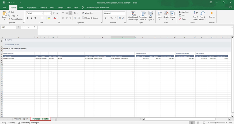 vesting report for specific stakeholder 