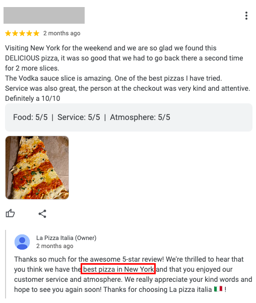 Positive review response example