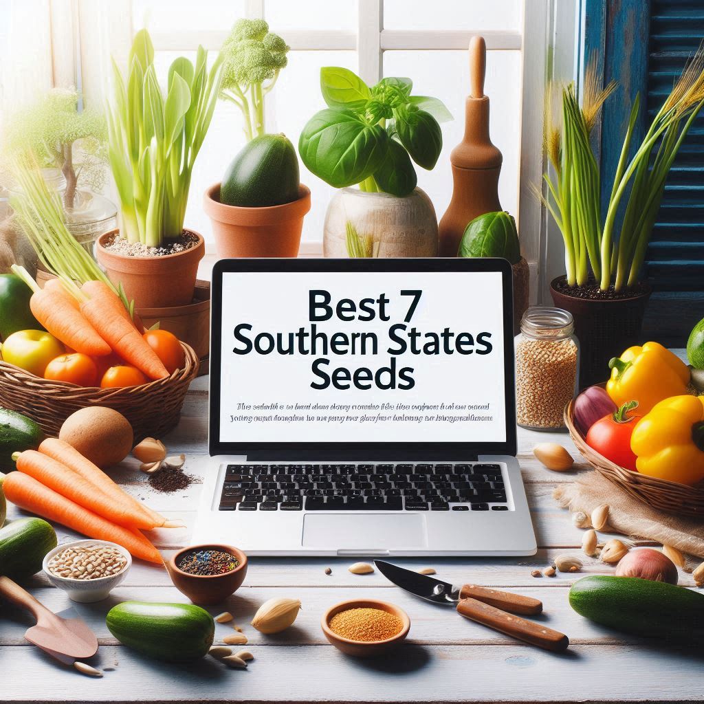 Southern states' vegetable seeds around a laptop