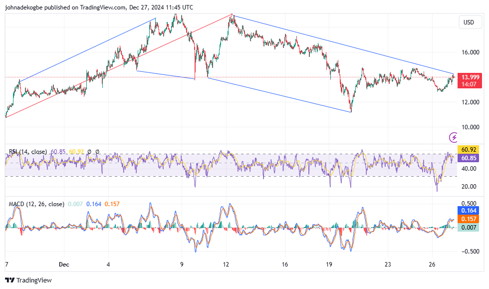 UNI Monthly Trading Chart Nov-Dec 2024. RSI & MACD Indicators