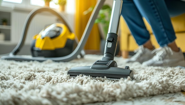 Janitors Hand Cleaning Carpet With Vacuum Cleaner