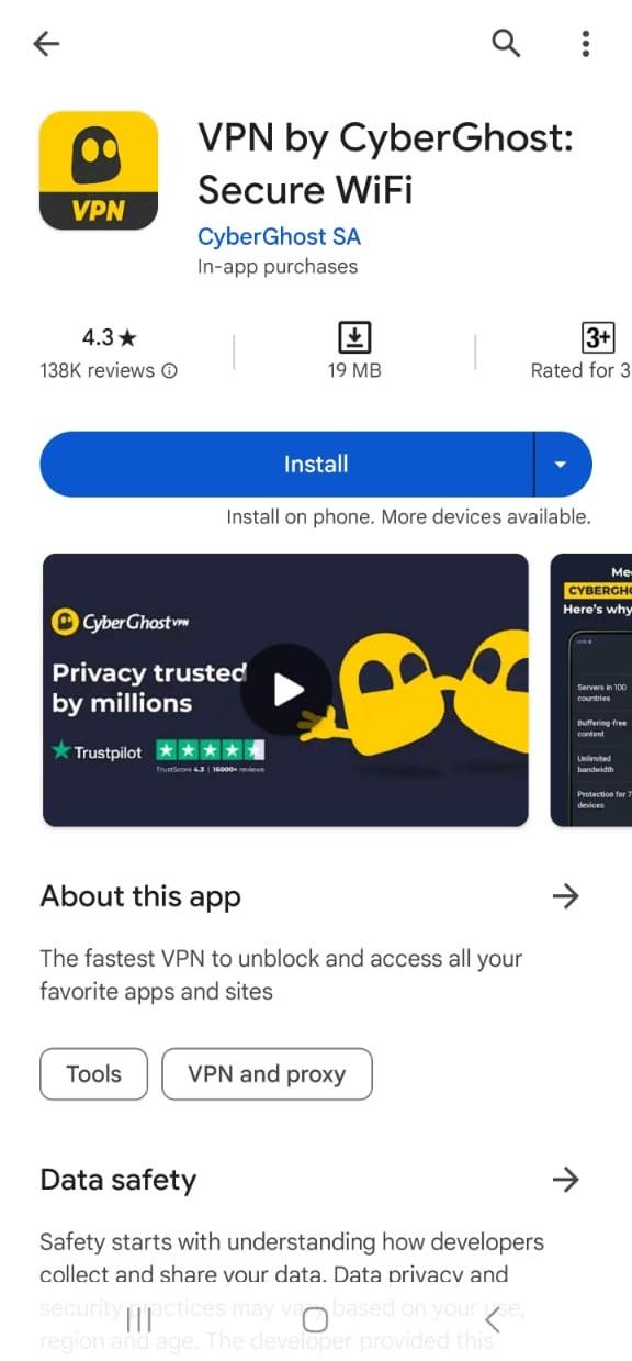 CyberGhost's Android VPN app listing on the Google Play Store