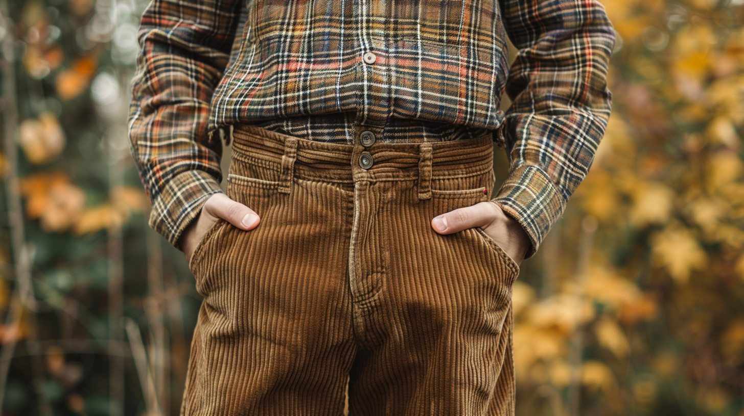 A man in textured corduroy pants with a vintage, cozy vibe, styled with a knit sweater or flannel shirt. Perfect for fall or cool weather outfits.