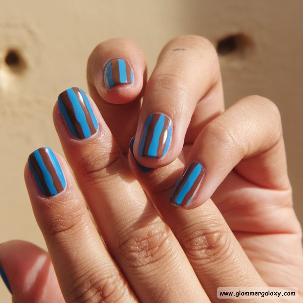 Blue and Brown Nails with Bold Color Blocking