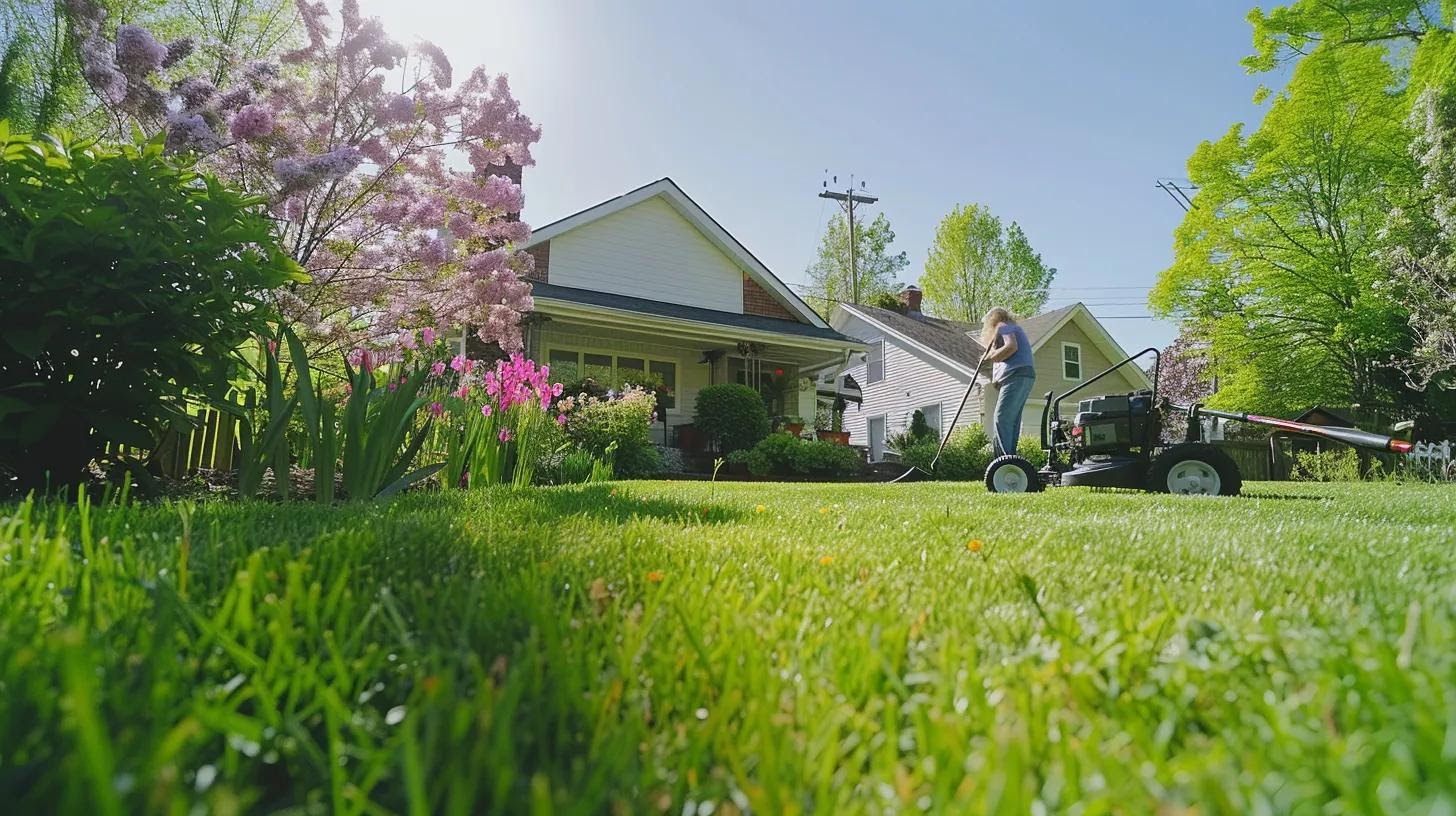 A vibrant springtime suburban lawn scene with lush green grass, blooming flowers, a person using a lawnmower, and gardening tools like a rake and watering can nearby. The sky is clear blue with soft sunlight, showcasing a well-kept yard in front of a cozy home.