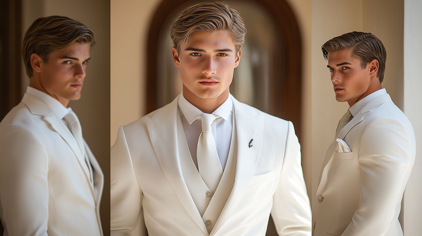 A groom in a sharp white suit, showcasing a hairstyle that complements the clean, crisp look of his attire. One version features a classic slicked-back style, adding a sleek and modern touch. Another version shows a neatly combed, refined look, perfect for a formal appearance. For a more relaxed style, the groom sports a natural, textured hairstyle, adding a contemporary flair. The refined wedding venue, with soft lighting and elegant décor, enhances the groom’s polished, stylish look