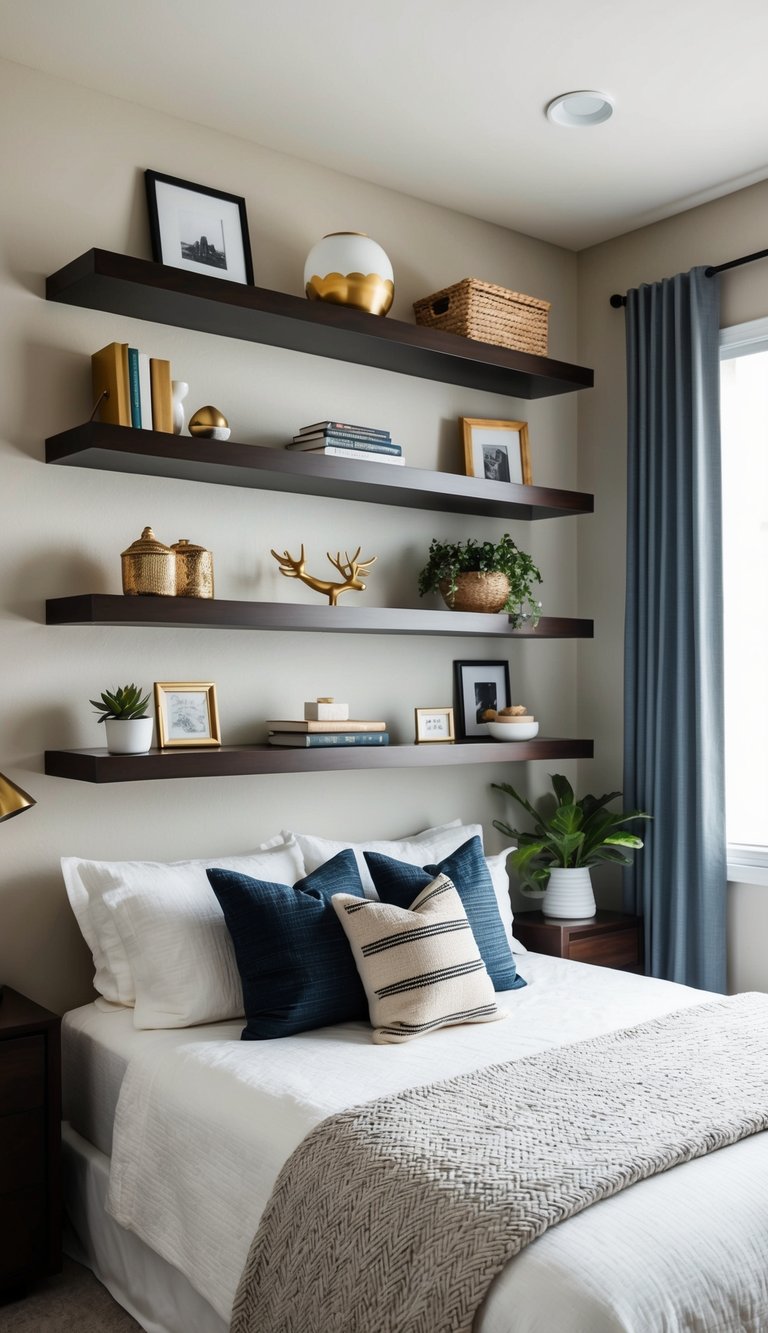 A bedroom with 23 floating shelves installed, each showcasing different decor and design elements