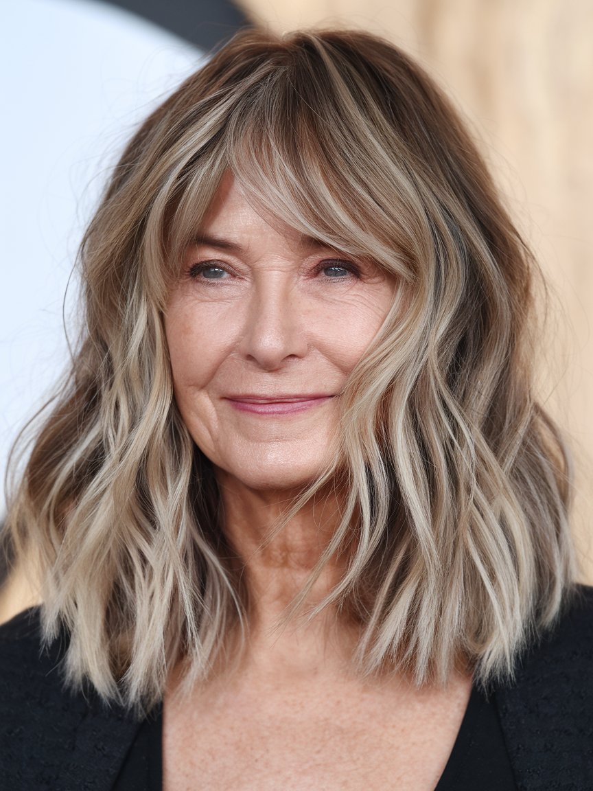 14. Bronde Lob with Swooping Bangs