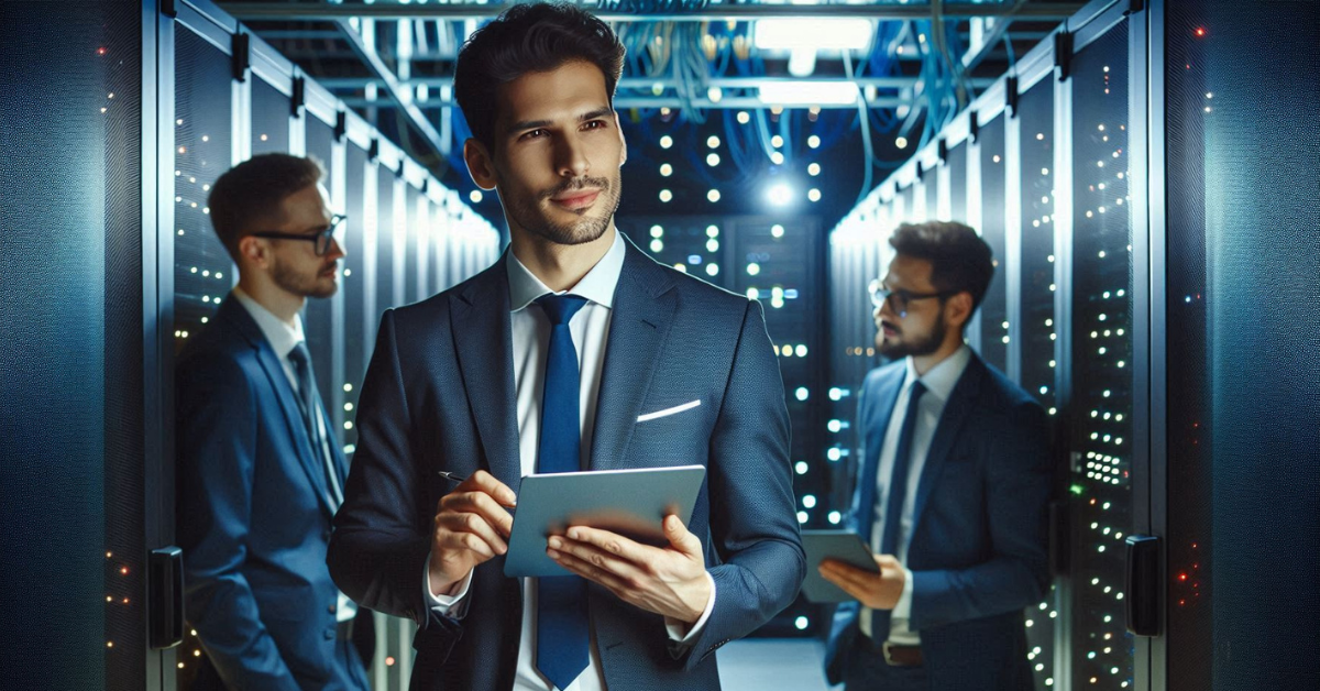 A group of cybersecurity consultants in a server room, all dressed in professional suits, focusing on their work with tablets in hand. The setting is a modern data center filled with illuminated servers, highlighting the consultants' role in safeguarding digital infrastructure.