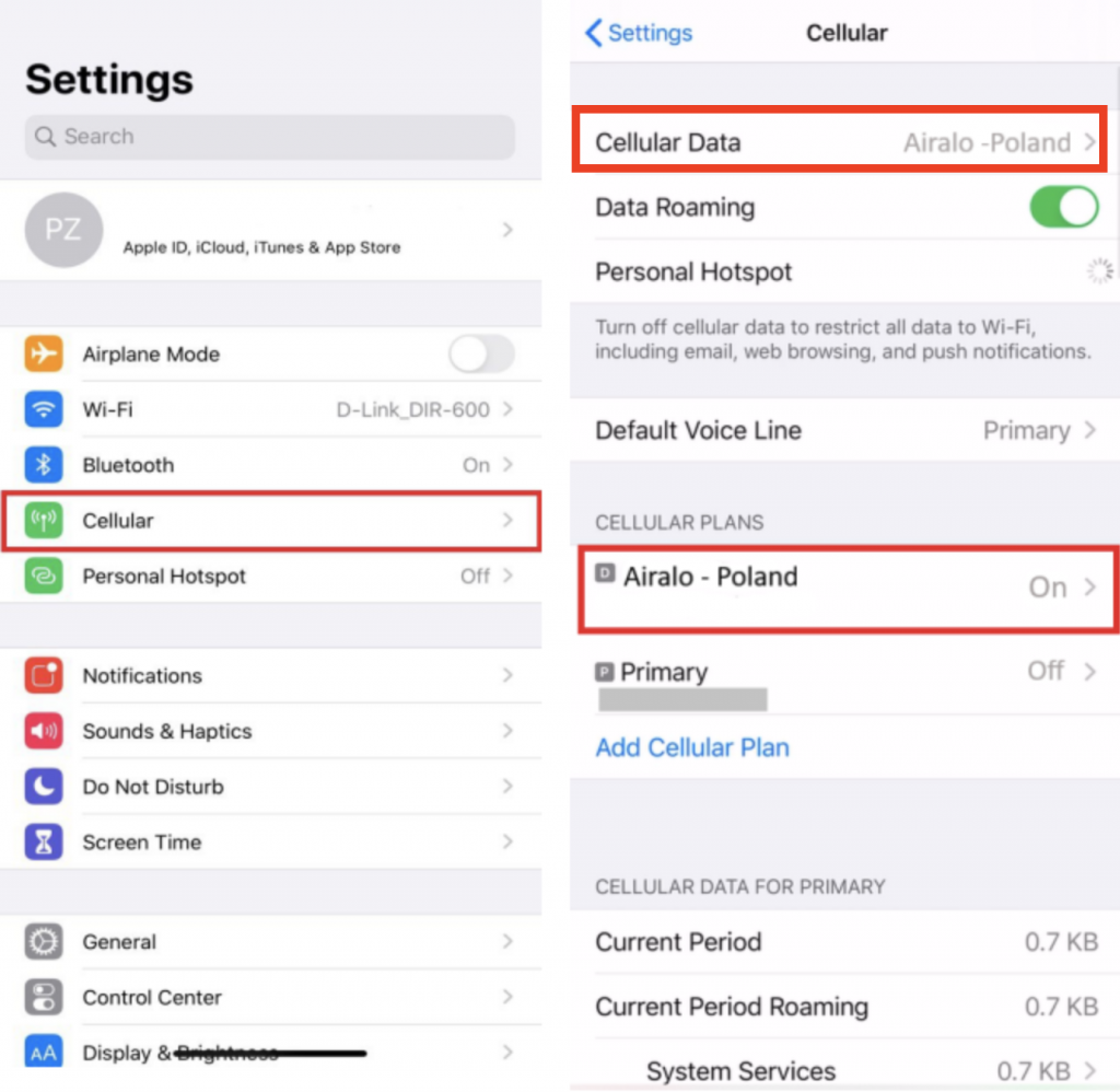 System phone settings showing a Cellular settings on how to use Airalo