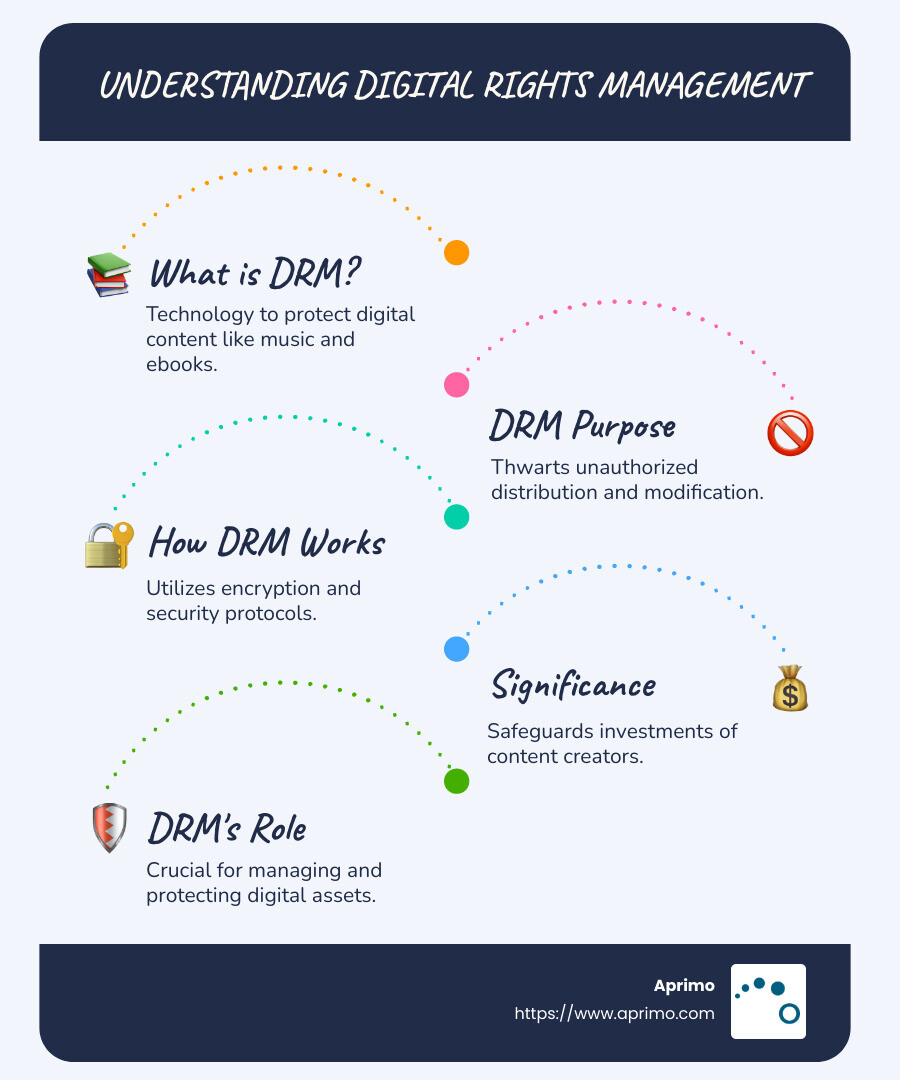 Infographic detailing digital rights management: including key functions like encryption, copyright protection, and preventing unauthorized distribution - what are digital rights management infographic infographic-line-5-steps-blues-accent_colors