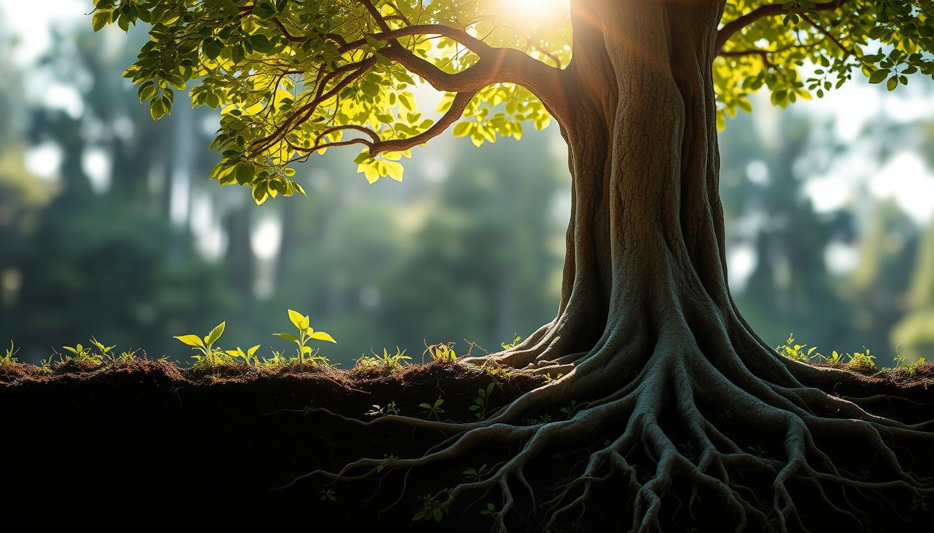 A tree growing from a seedling to a tall, strong trunk, with roots extending deep into the ground. The tree is surrounded by sunlight and lush green foliage, reflecting the journey of personal growth and transformation.