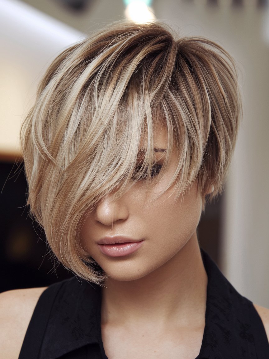 13. Side-Parted Pixie with Blonde Highlights