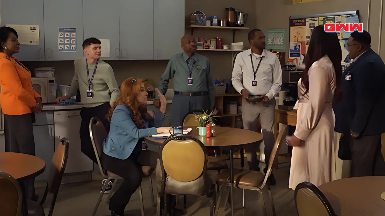 The Abbott Elementary teachers gather in the staff lounge for a conversation