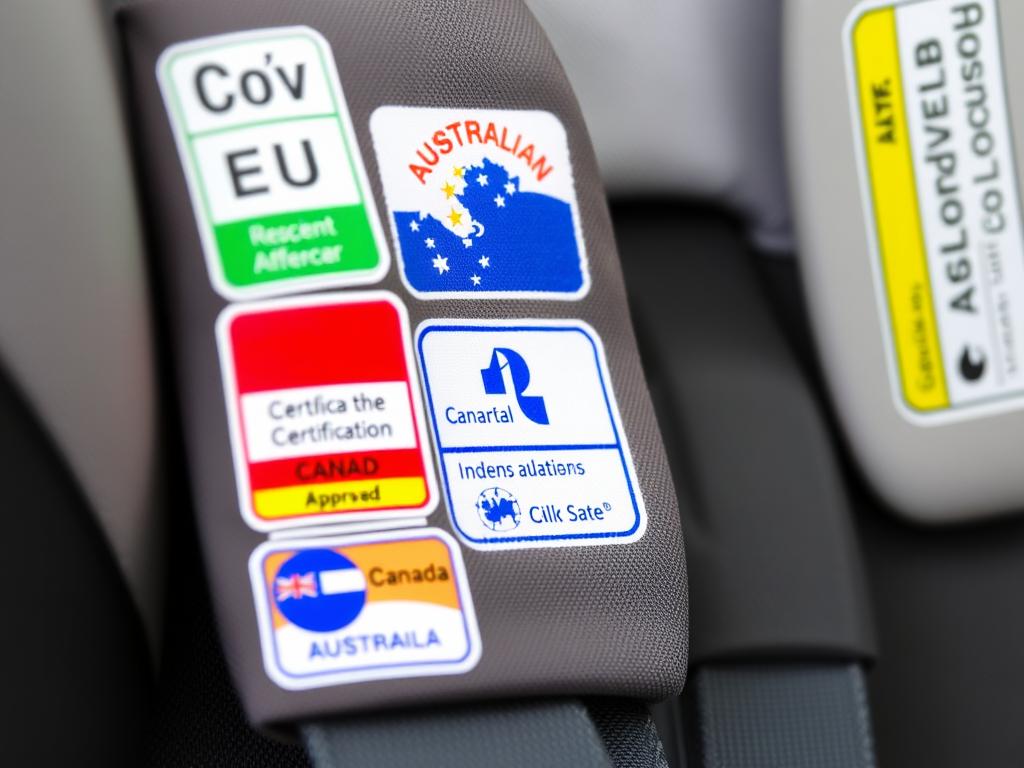 International car seat approval labels from different countries