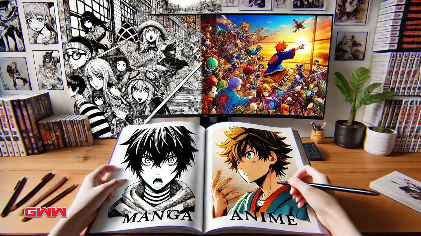 A wide image illustrating the difference between manga and anime.