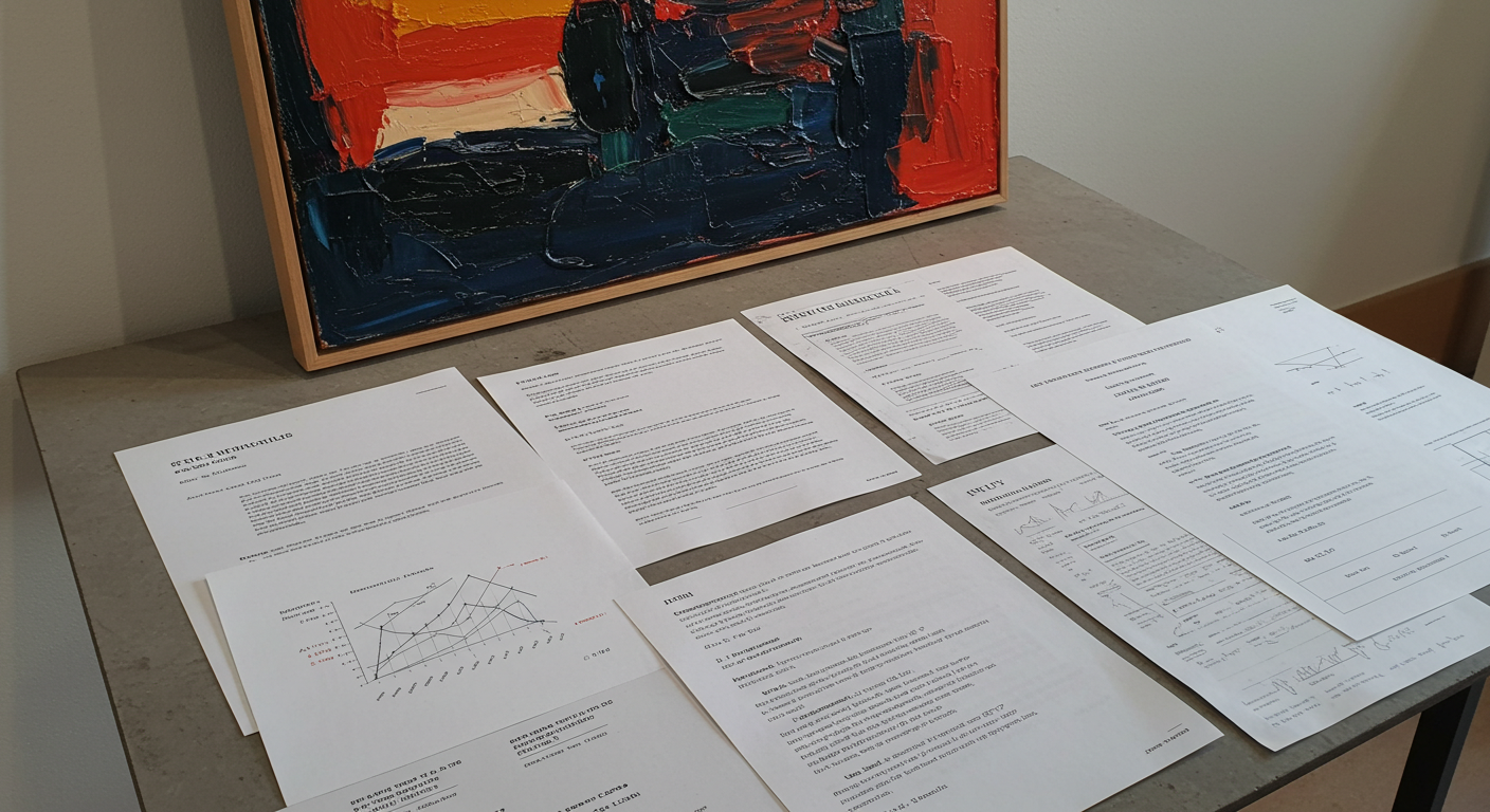 Contracts and certificates with images of a painting on the desk