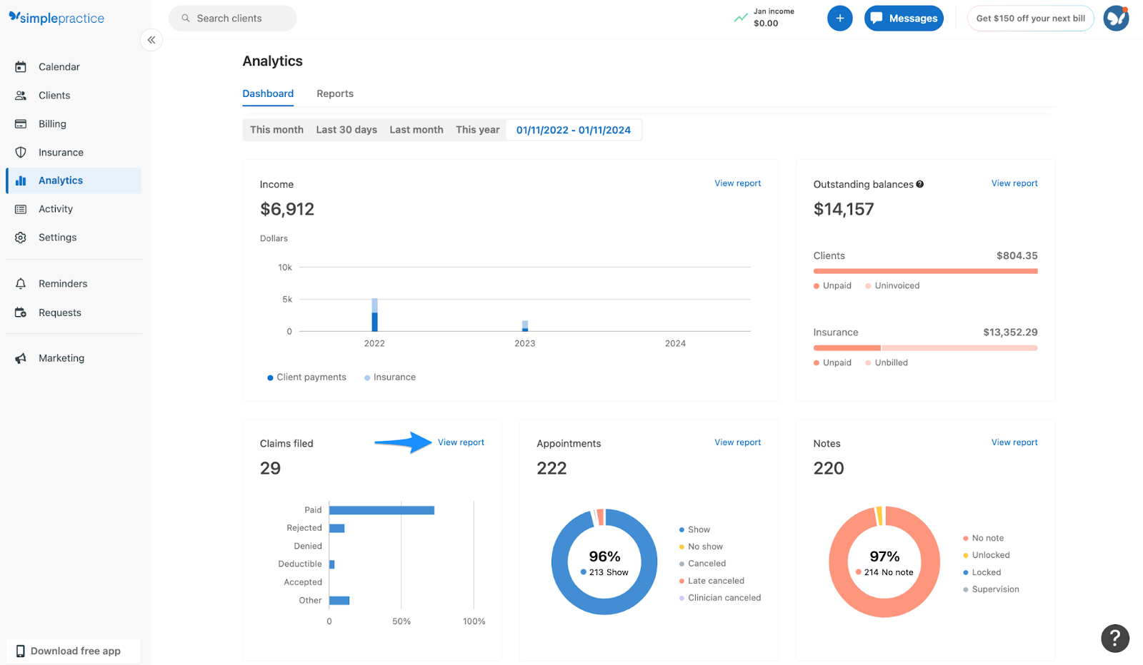 SimplePractice dashboard