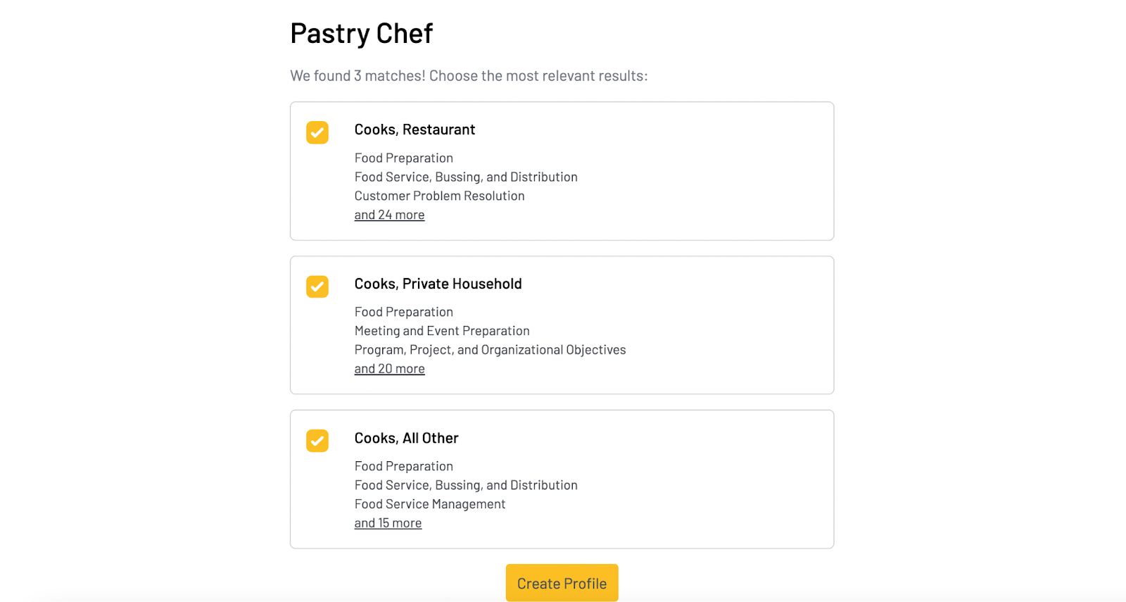 Screenshot for a non-AI translate result for a Pastry Chef course description showing the top three closest matching profiles for a user to pick from.