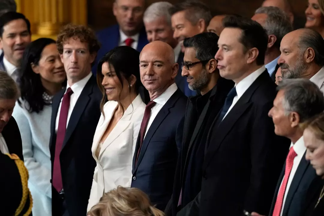 Mark Zuckerberg, Jeff Bezos, Sundar Pichai and Elon Musk at the Trump inauguration. (Photo by Julia Demaree Nikhinson/AP)