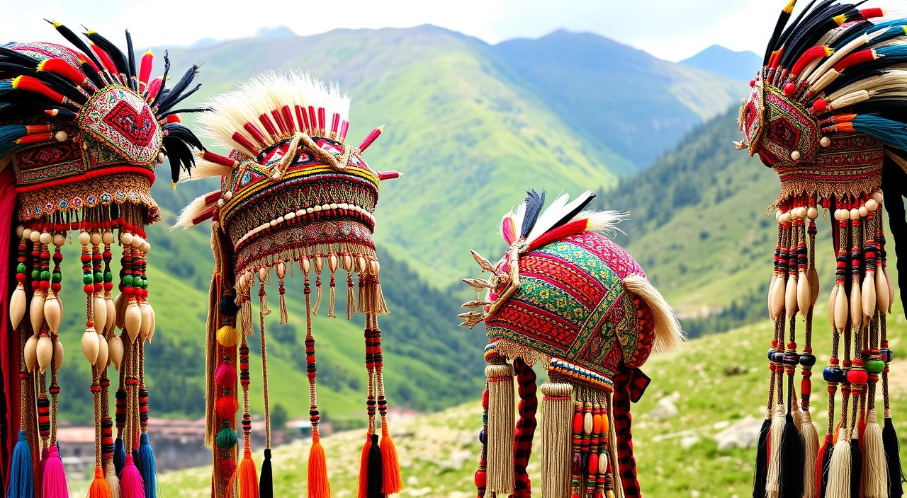 A vibrant display of Kalasha headdresses, intricately adorned with colorful embroidery, beads, and shells, set against a backdrop of lush green mountains and traditional Pashtun landscapes, capturing the essence of cultural heritage and artistic craftsmanship.