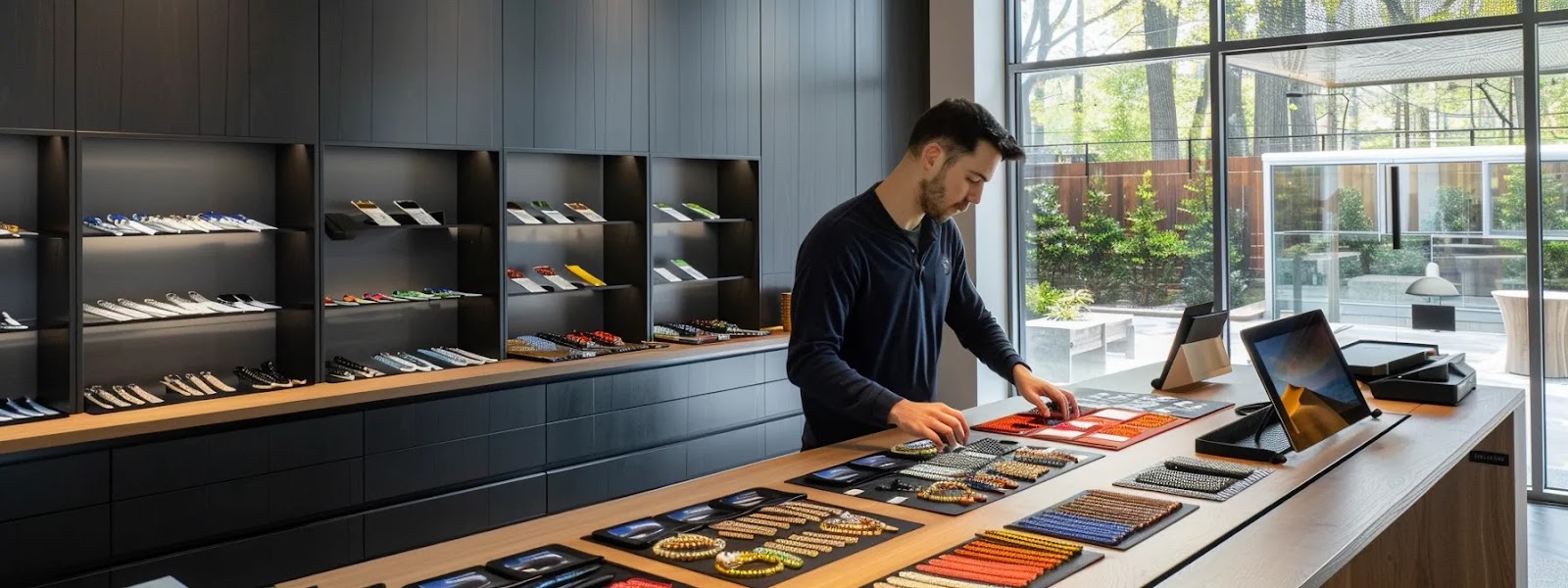 a sleek, modern office space features a focused designer showcasing a vibrant collection of custom chain samples on a polished conference table, surrounded by digital tablets displaying design mock-ups and pricing comparisons, highlighting a seamless and professional online ordering process.