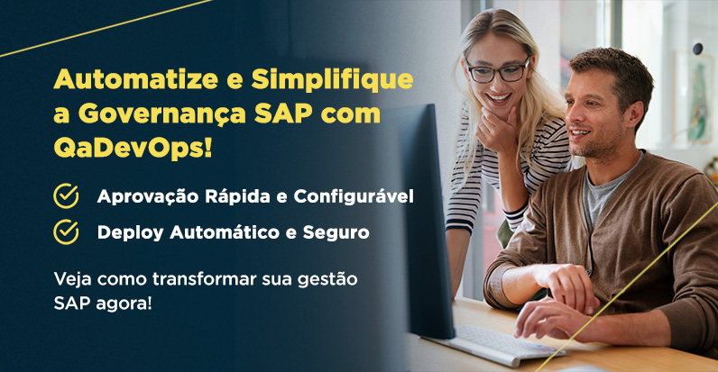 Banner de promoção da solução QaDevOps para simplificação e automação da governança SAP, destacando aprovação rápida e configurável, deploy automático e seguro. Imagem com duas pessoas utilizando computador, enfatizando eficiência na gestão de sistemas SAP