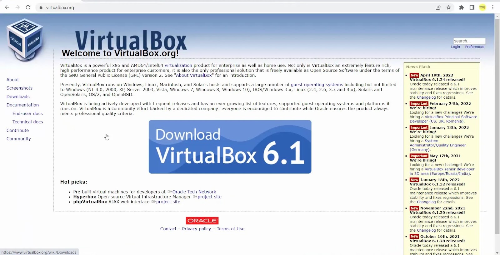 Downloading VirtualBox from the official site