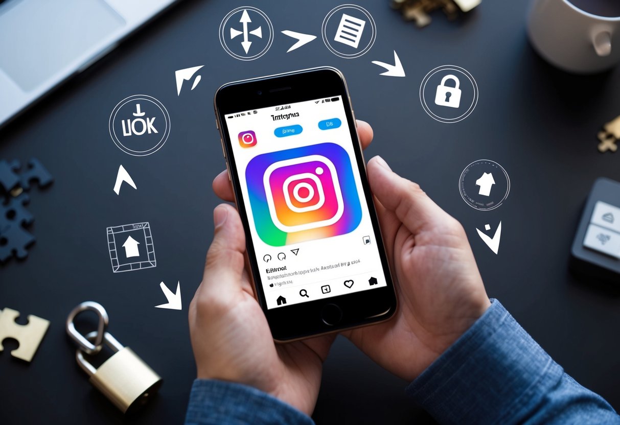 Um smartphone com o aplicativo do Instagram aberto, cercado por vários símbolos representando estratégias (por exemplo, peças de quebra-cabeça, setas e um cadeado sendo desbloqueado)