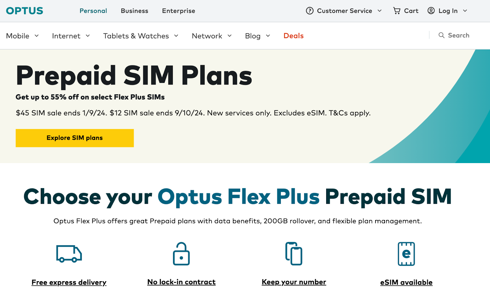 Prepaid SIM plans homepage for Optus 