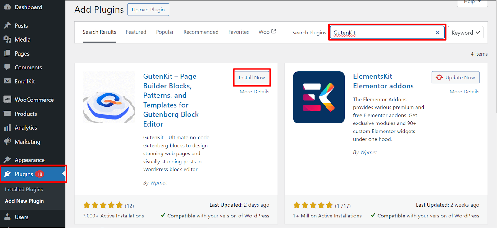 Installera GutenKit från WordPress instrumentpanel