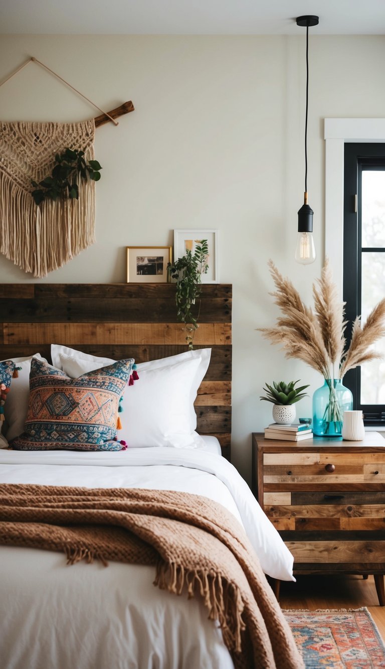 A cozy bedroom with a reclaimed wood headboard, adorned with eclectic boho decor