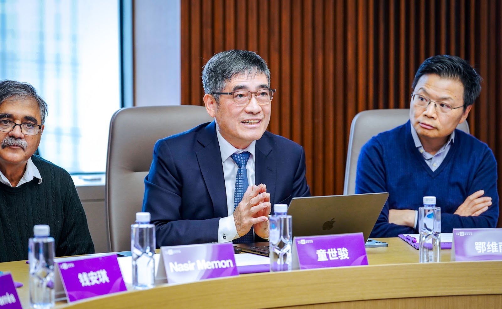 From left: Interim Dean of Computer Science, Data Science, and Engineering Professor Nasir Memon, Chancellor Tong Shijun, Advisory Committee Chair E Weinan