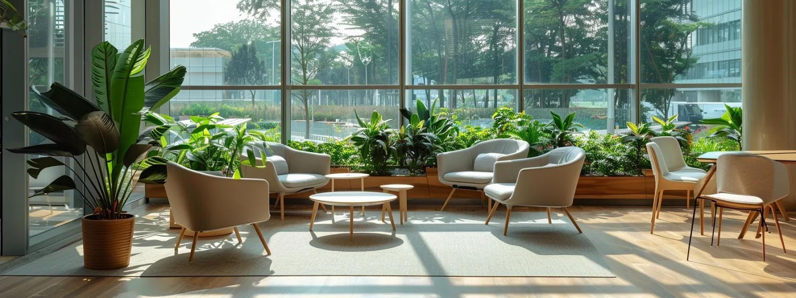 Bright, eco-friendly interior featuring comfortable chairs and low-maintenance indoor plants, promoting health and well-being in sustainable building practices.