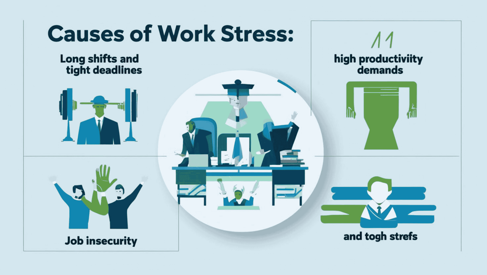 Illustration of major causes of work-related stress: long shifts, deadlines, productivity, and job insecurity."