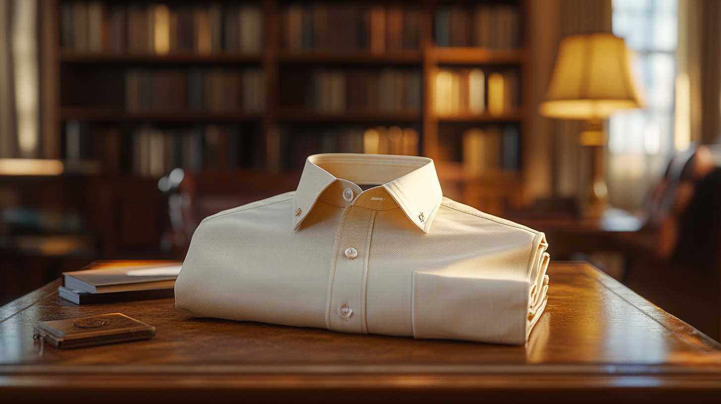 A neatly folded beige dress shirt placed on a polished wooden surface. The soft, casual fabric contrasts with the serious, formal courtroom atmosphere. The background is dimly lit, emphasizing the neutral and relaxed tone of the shirt. Ultra-realistic, 4K resolution, highly detailed fabric texture, cinematic lighting