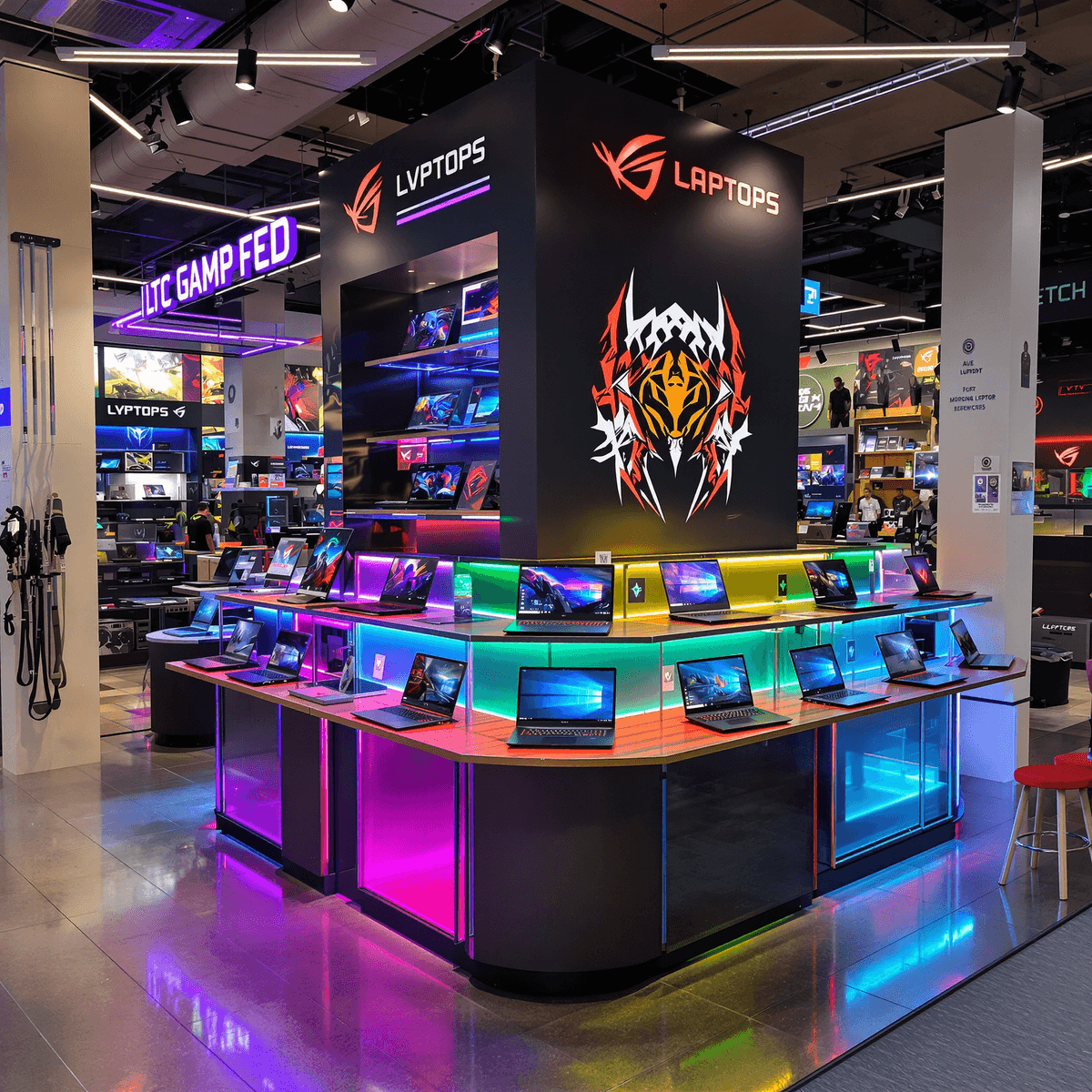 A modern tech store showcasing a vibrant display of high-performance gaming laptops with colorful LED lighting, set in a lively atmosphere.