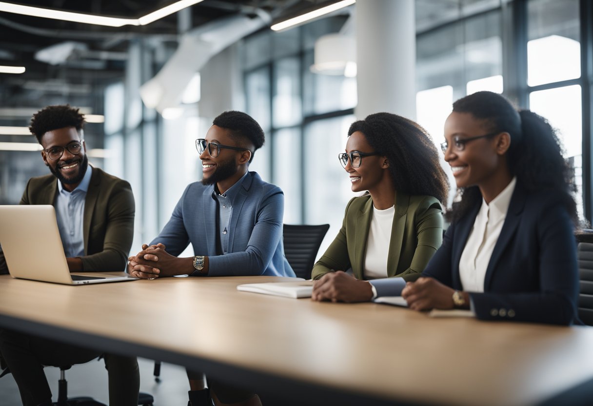 A group of diverse employees engaged in collaborative learning and training activities within a modern, open-concept office space