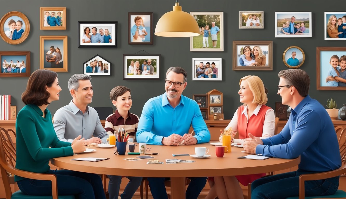 Bir masa etrafında oturan bir aile, sohbet ediyor; arka planda çeşitli aile fotoğrafları ve anı eşyaları sergileniyor.