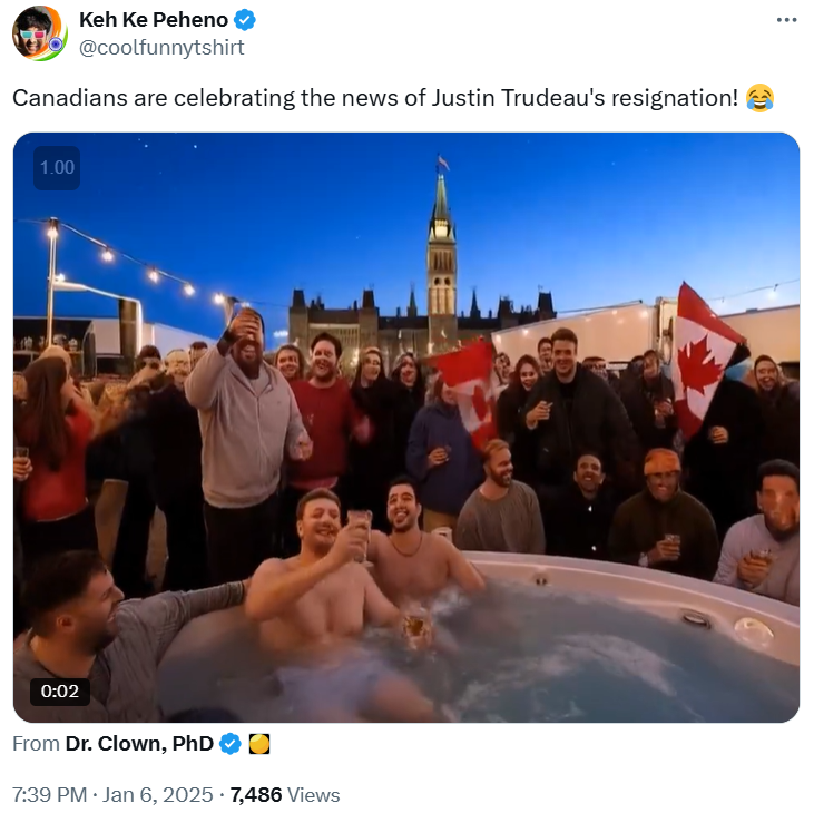 Canadians are celebrating the news of Justin Trudeau's resignation by re-creating the iconic hot tub party in front of Parliament Hill.