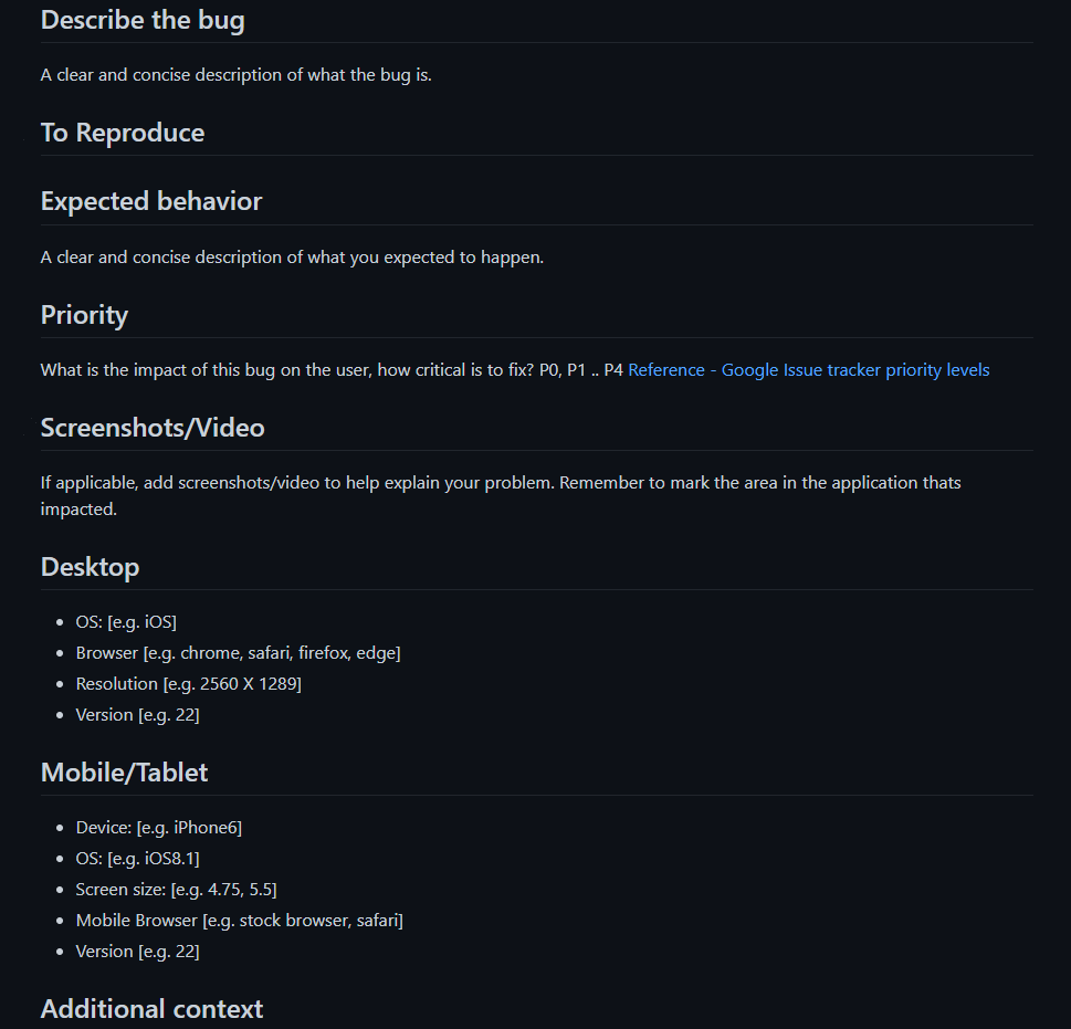 GitHub bug report template