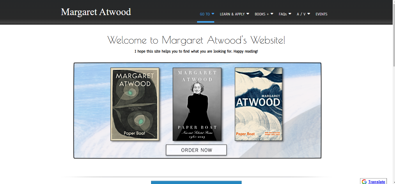 a screenshot of margaret atwood a WordPress Author Website Examples