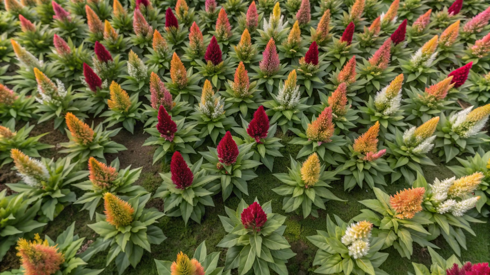 Vista aérea de um canteiro de flores crista de galo em plena floração, com um padrão colorido