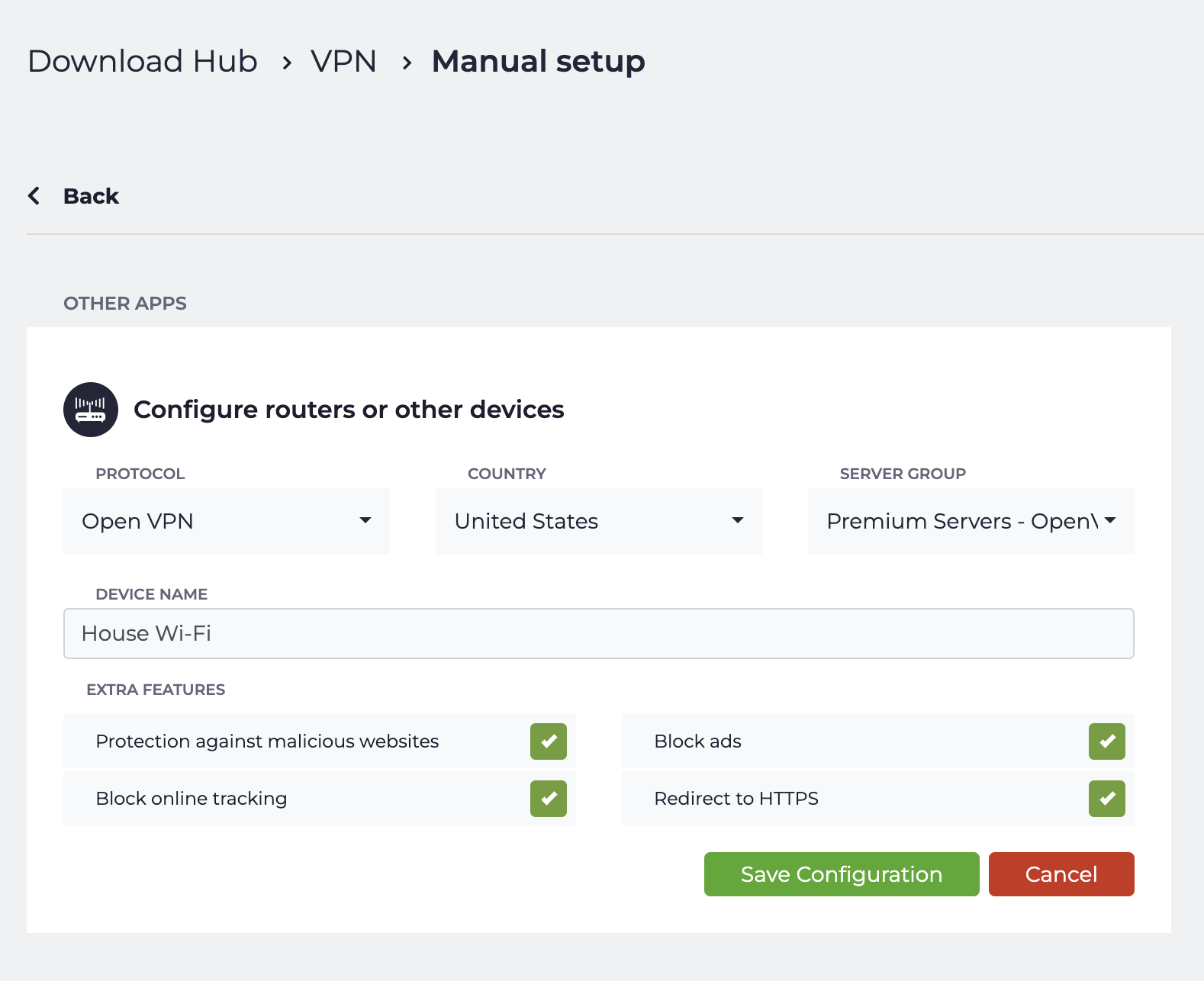Interfaccia web di CyberGhost VPN che mostra le opzioni di configurazione del router