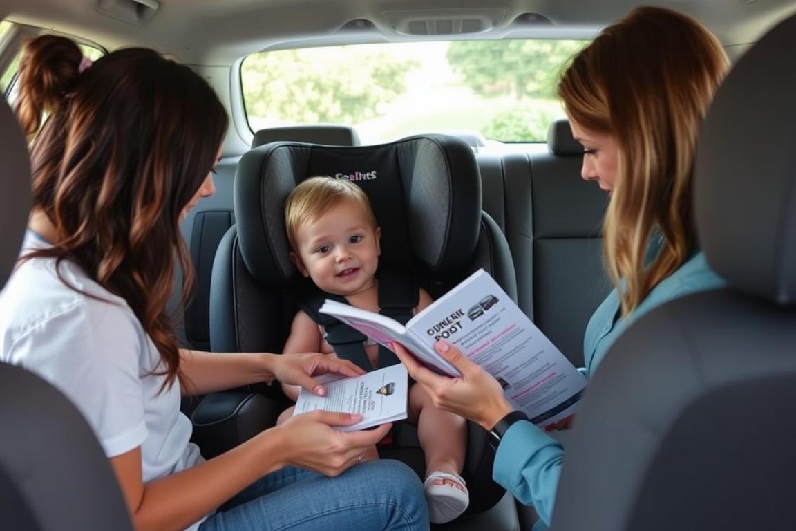 Parent consulting car seat manual during installation