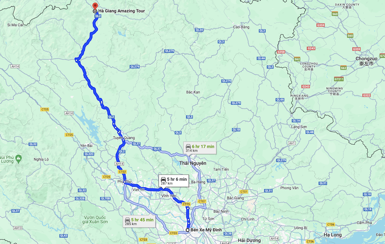 route of quang dao bus from hanoi to ha giang