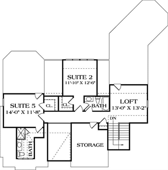 Second level floor plan with two bedroom suites and a loft.