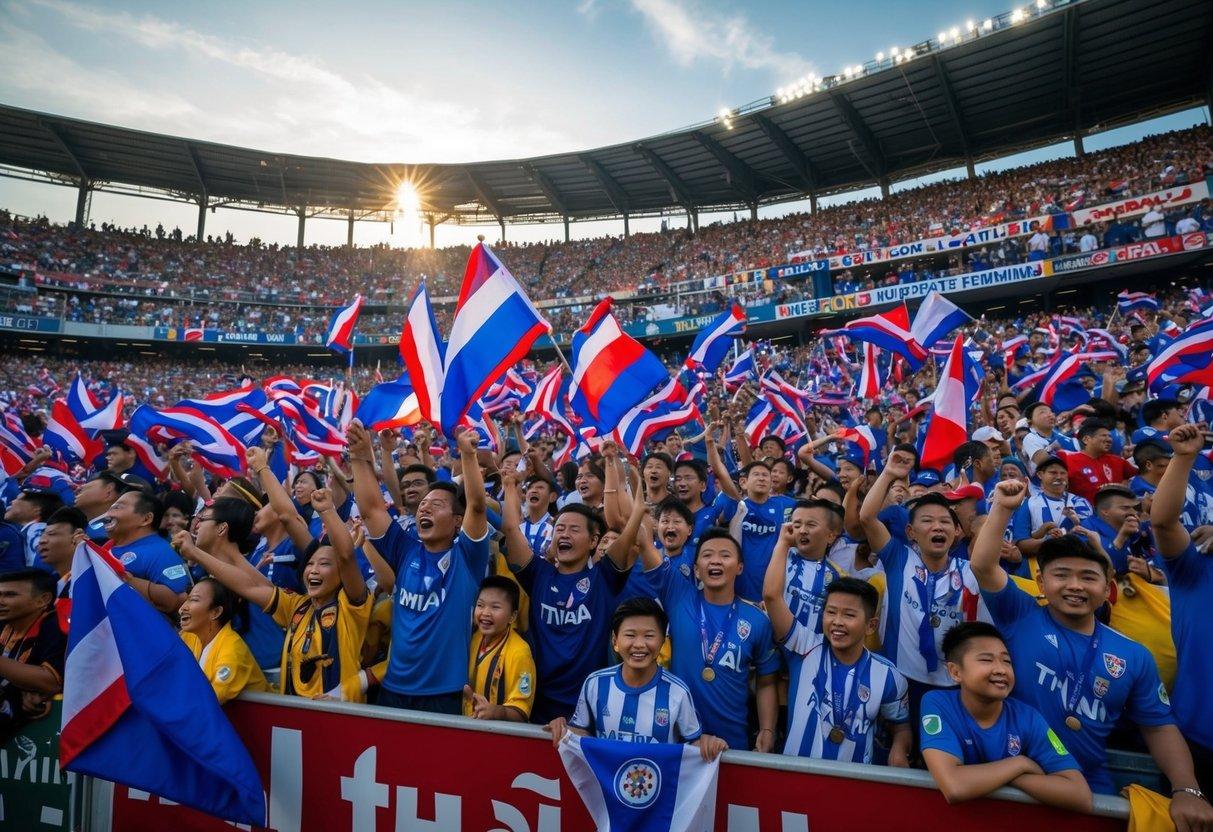 A crowded stadium filled with cheering fans waving flags and banners in support of their favorite Thai football clubs